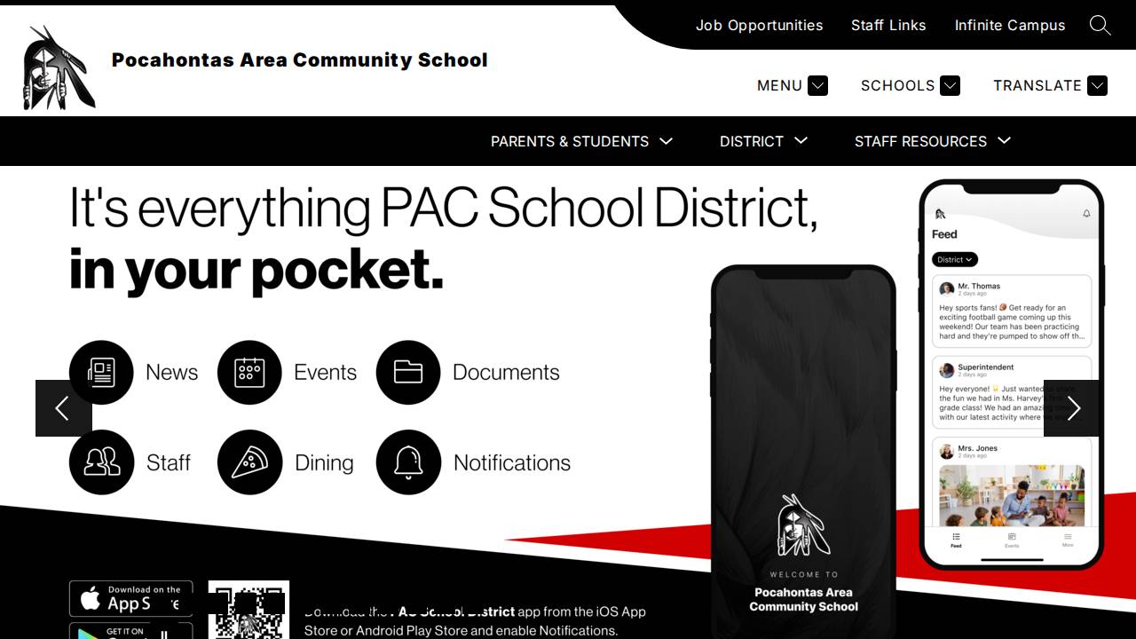 Pocahontas Area Community School website screenshot