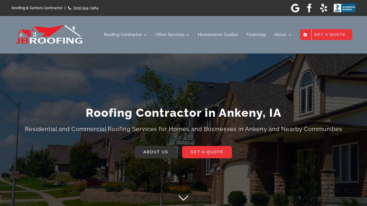 JB Roofing & Gutters website screenshot