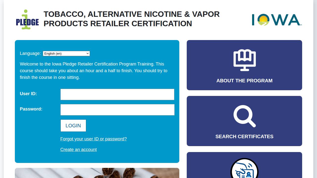 IOWA ABD: Tobacco Training website screenshot