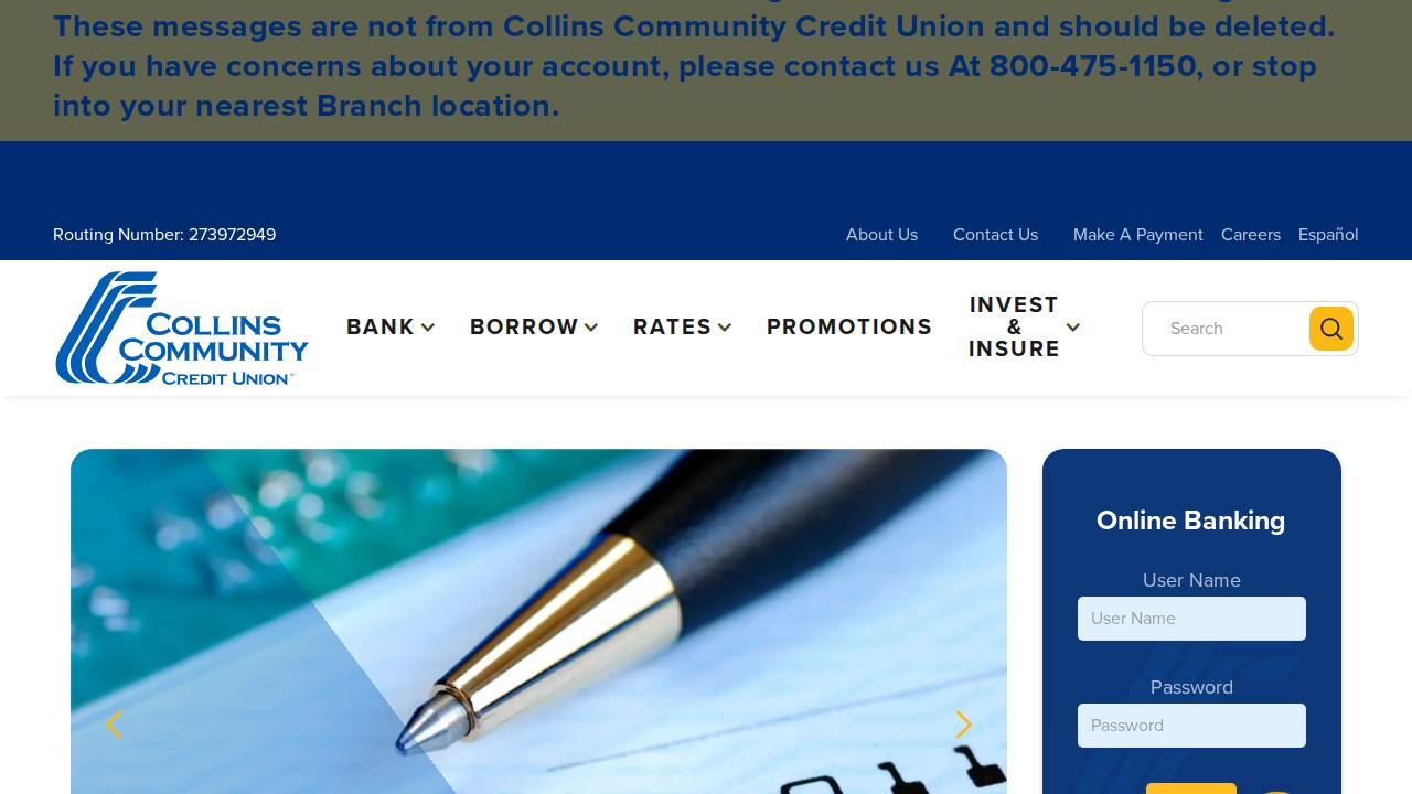 Collins Community Credit Union. website screenshot