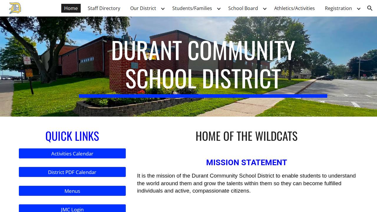 Durant Comm School District website screenshot