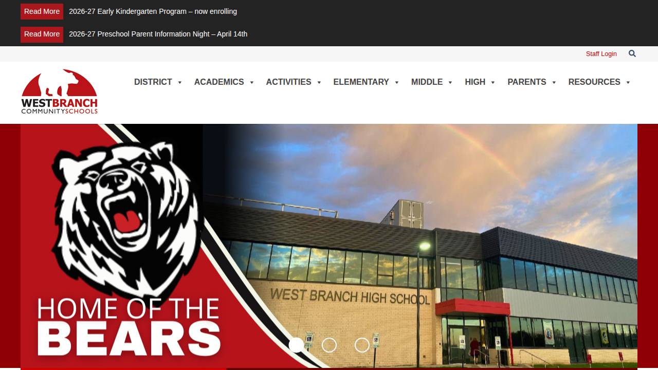 West Branch Comm School District website screenshot