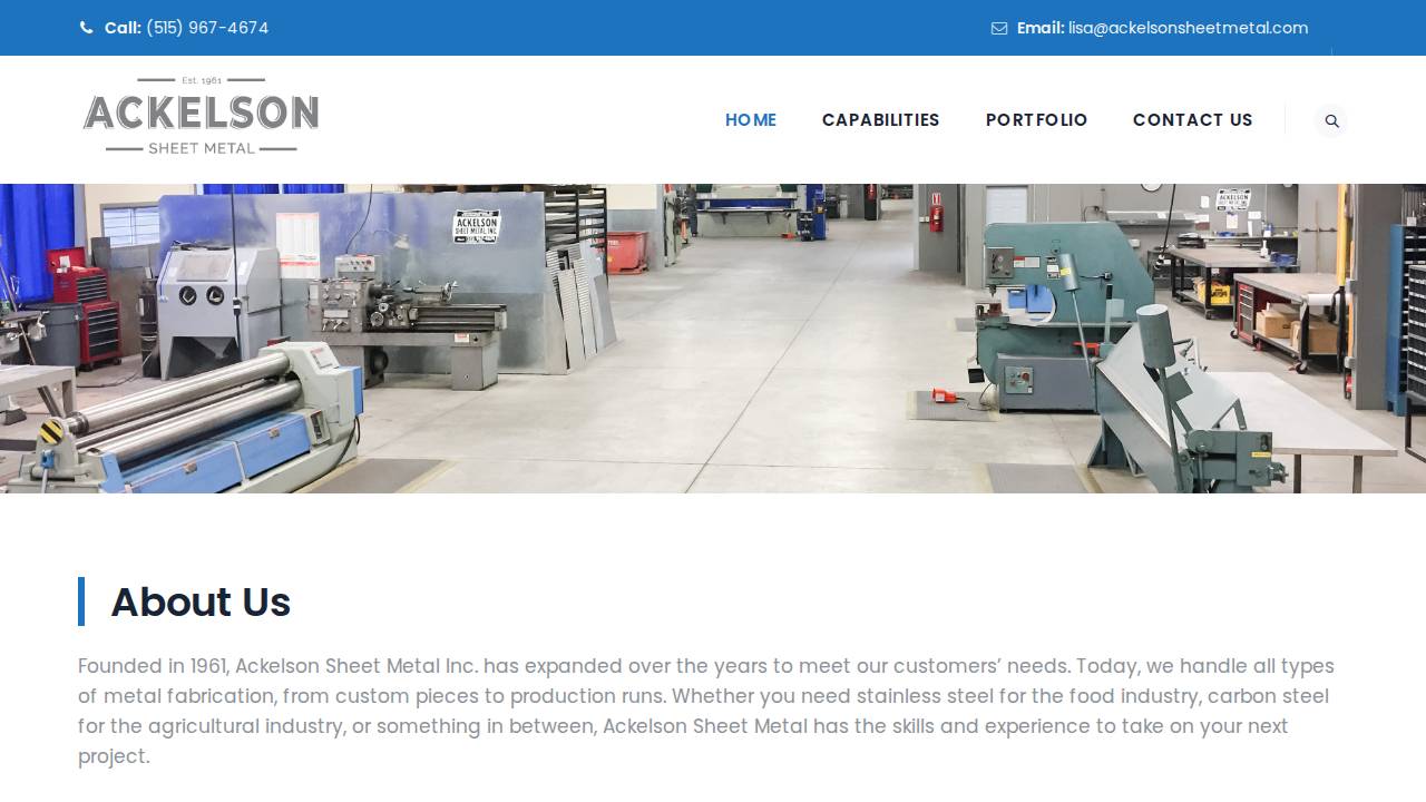 Ackelson Sheet Metal Inc. website screenshot