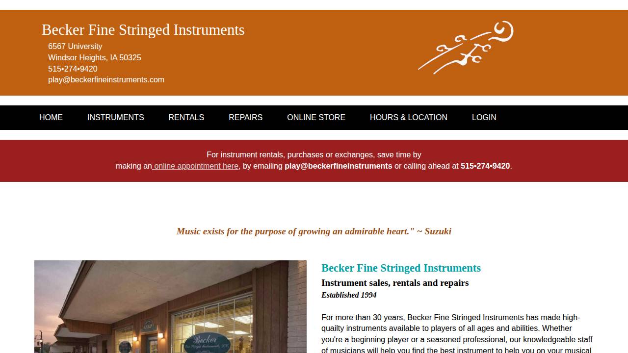 Becker Fine Stringed Instruments website screenshot