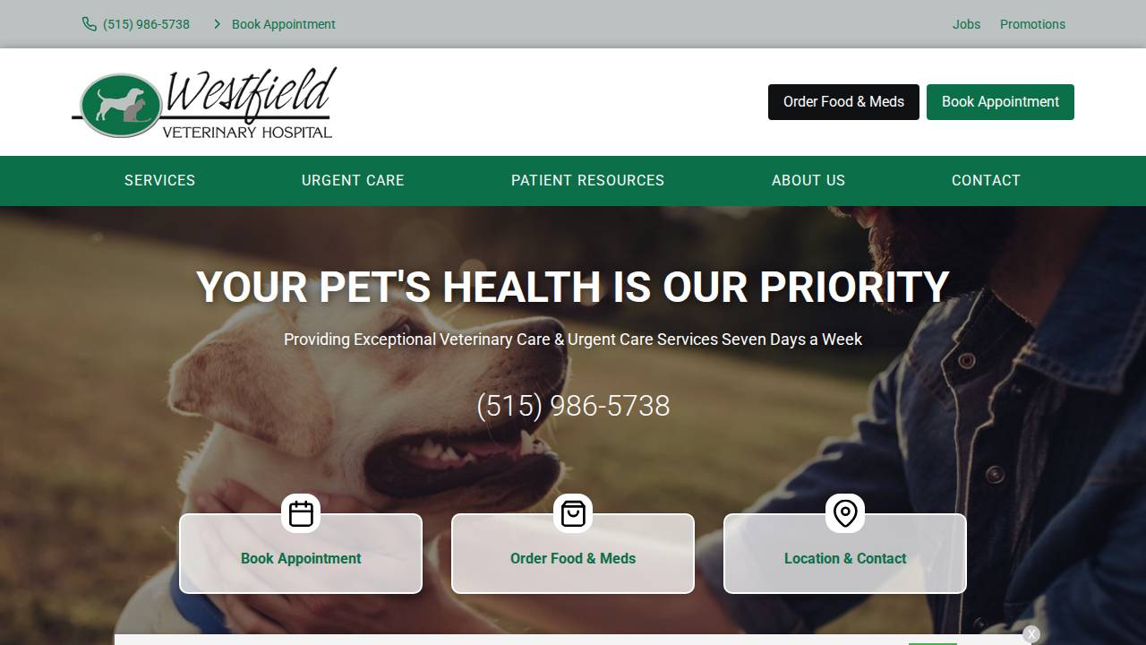 Westfield Veterinary Hospital PC website screenshot