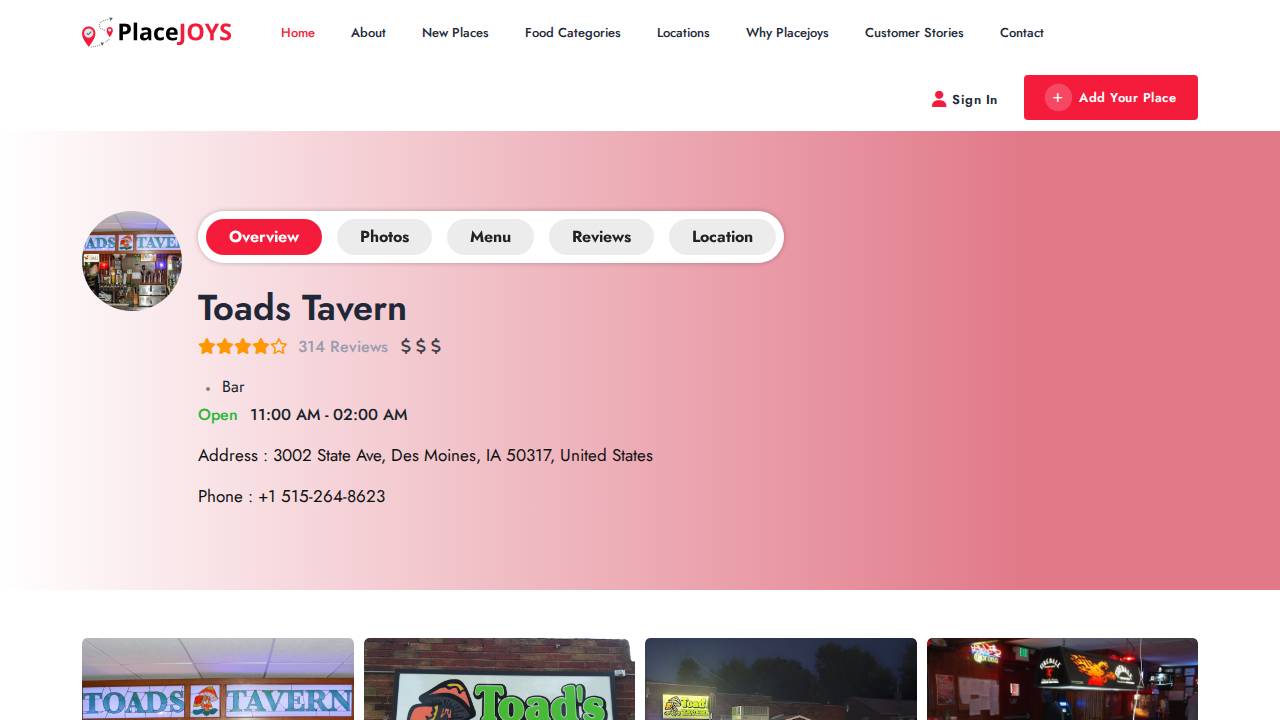 Toads Tavern website screenshot