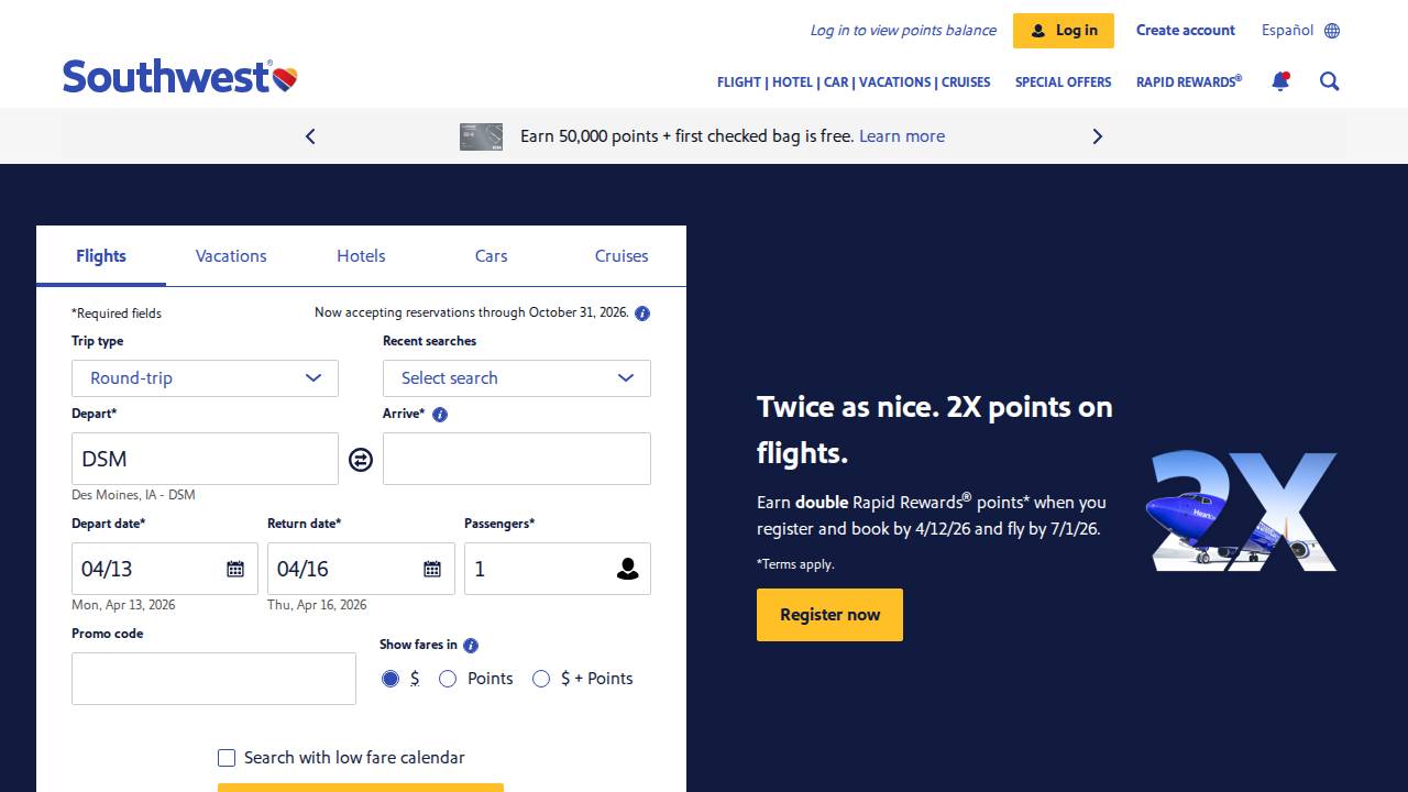 Southwest Airlines Co. website screenshot