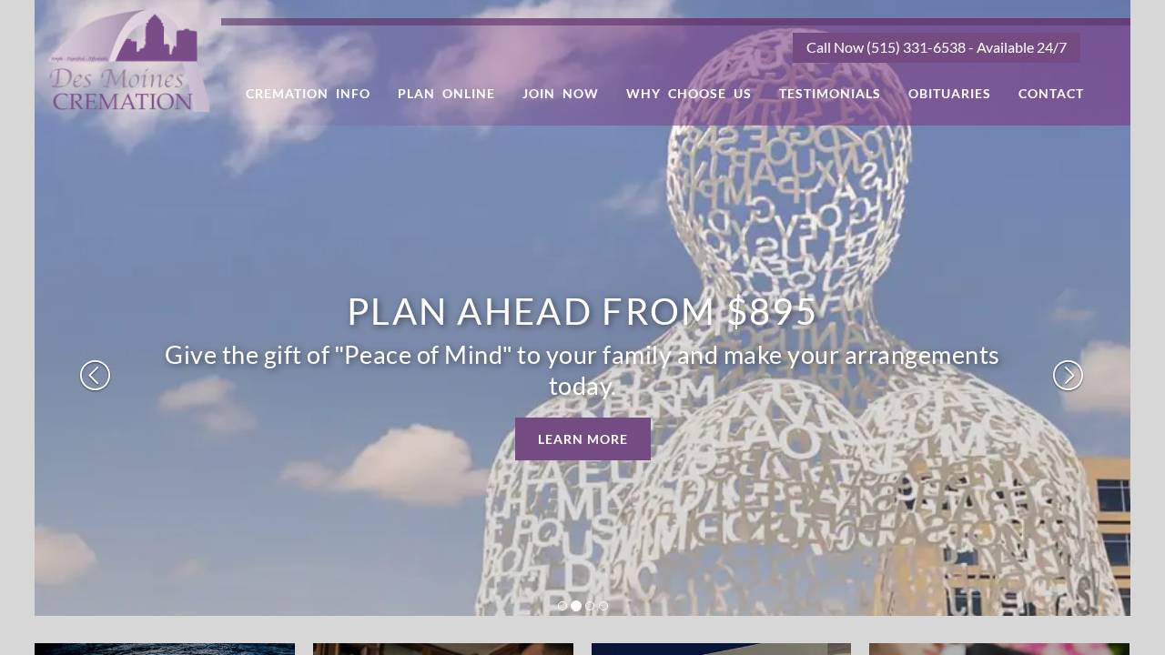 Des Moines Cremation website screenshot