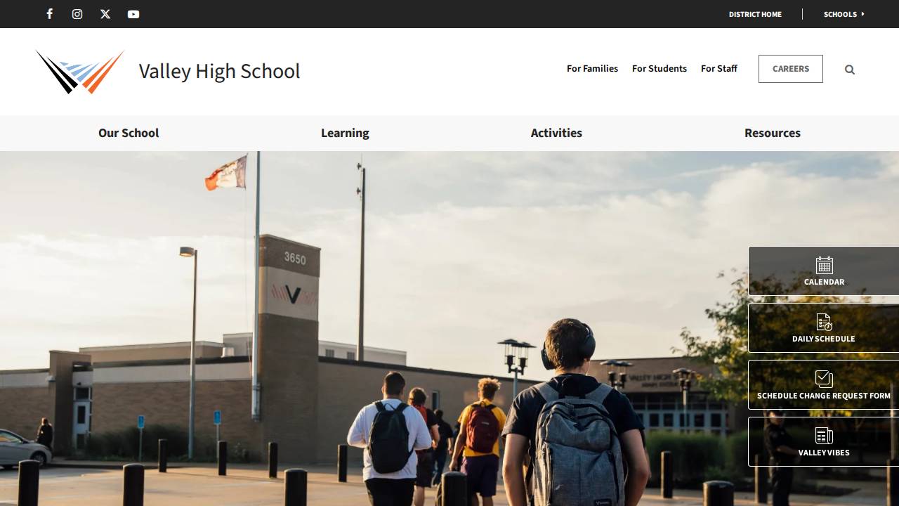 Valley High School website screenshot