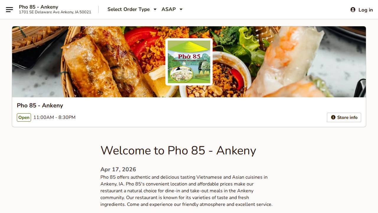 Pho 85 website screenshot