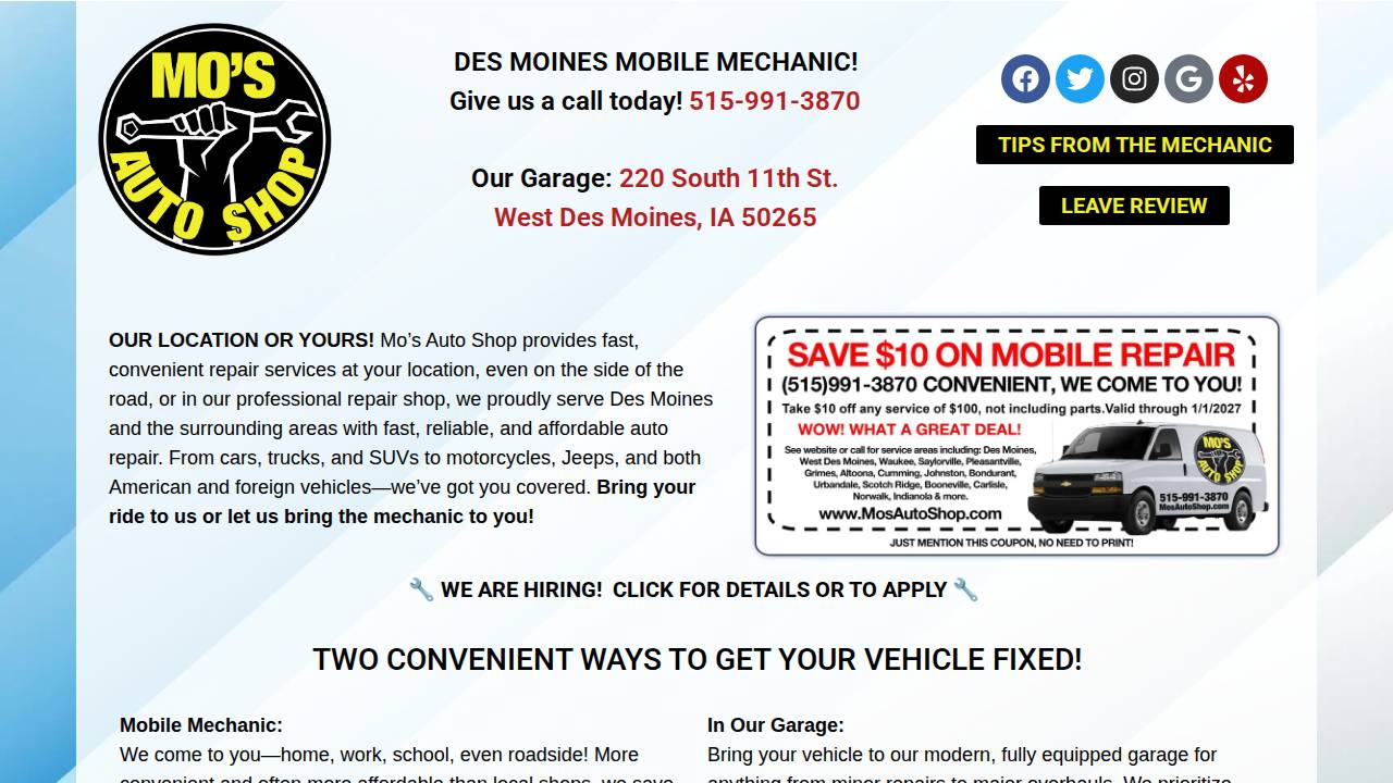 Mo's Auto Shop website screenshot
