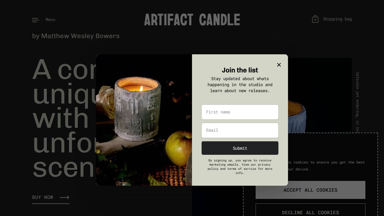 Artefact Candles LLC website screenshot