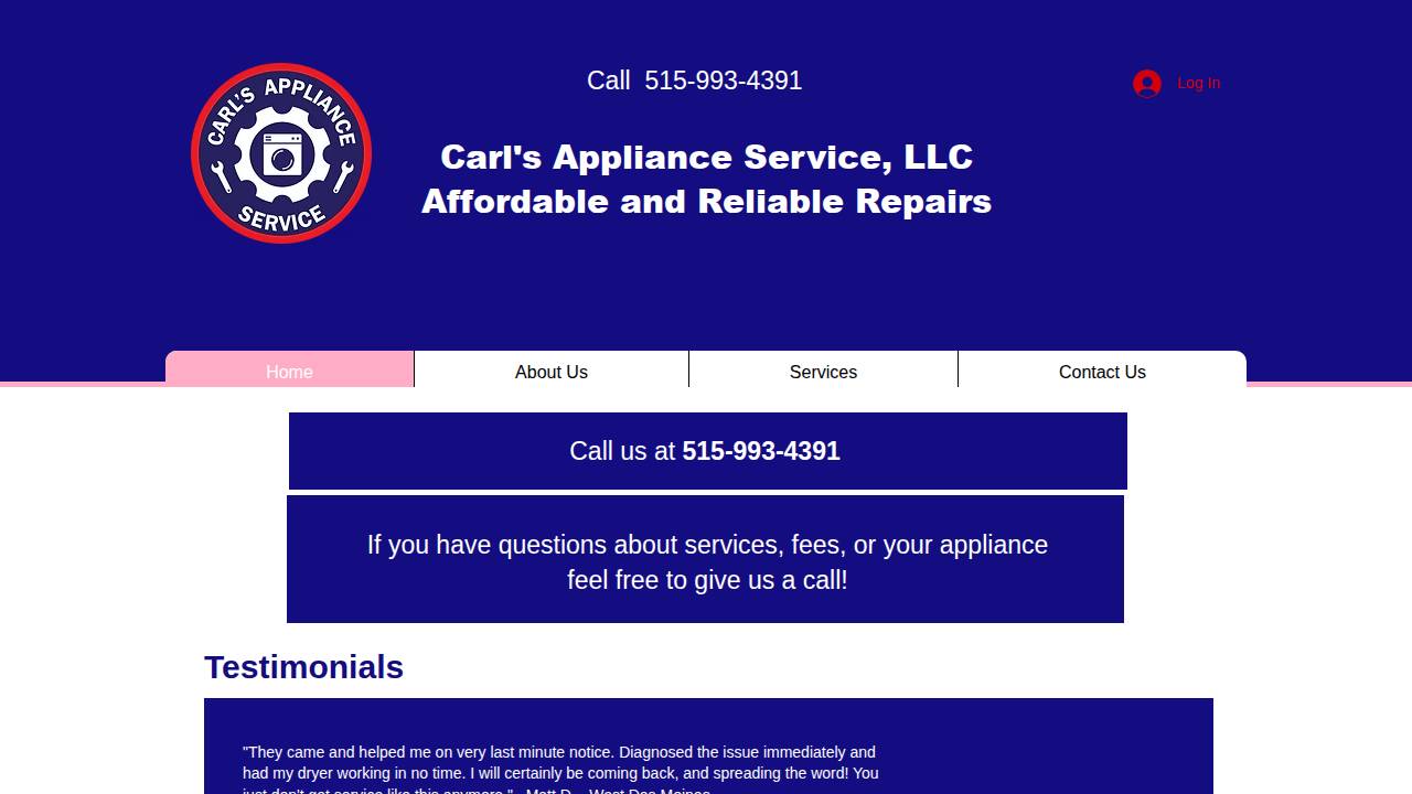 Carls Appliance Service website screenshot