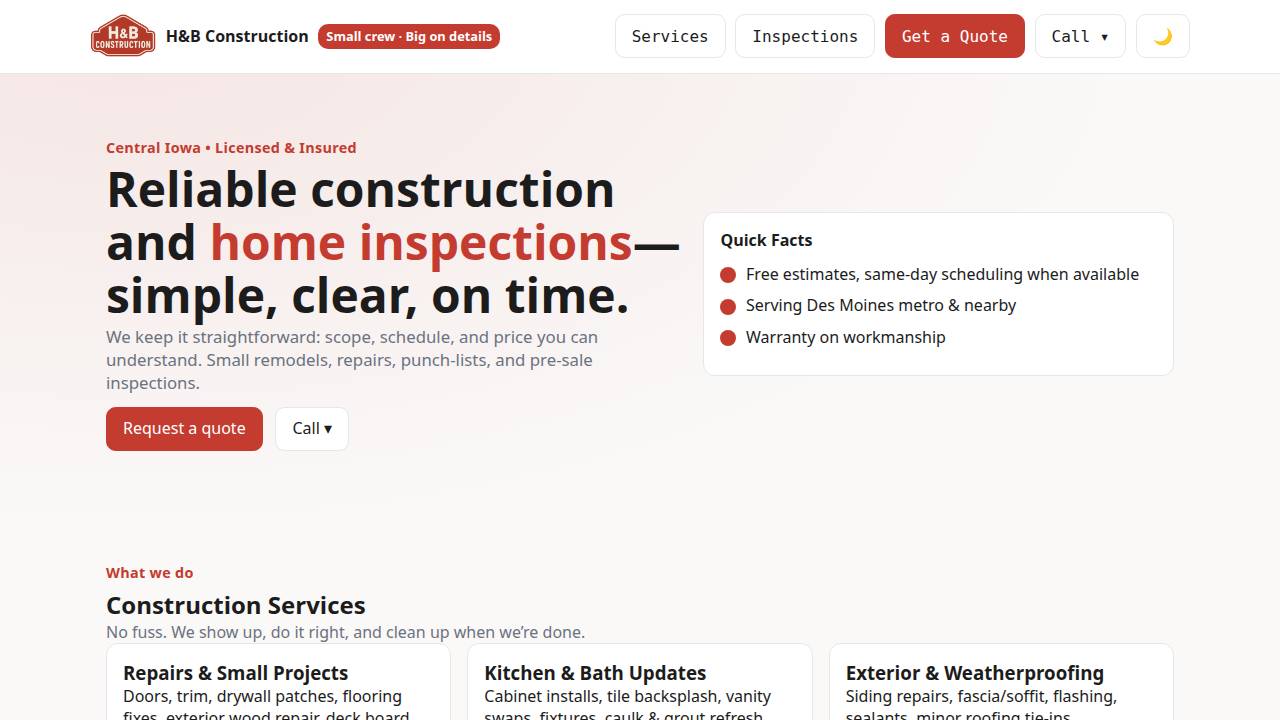 H & B Construction Inc.. website screenshot