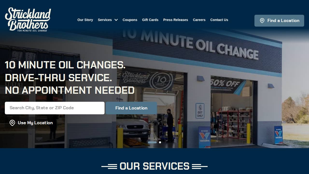 Strickland Brothers 10 Minute Oil Change website screenshot