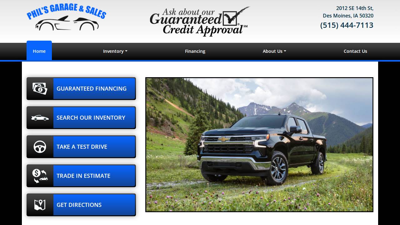 Phil's Garage & Sales LLC website screenshot