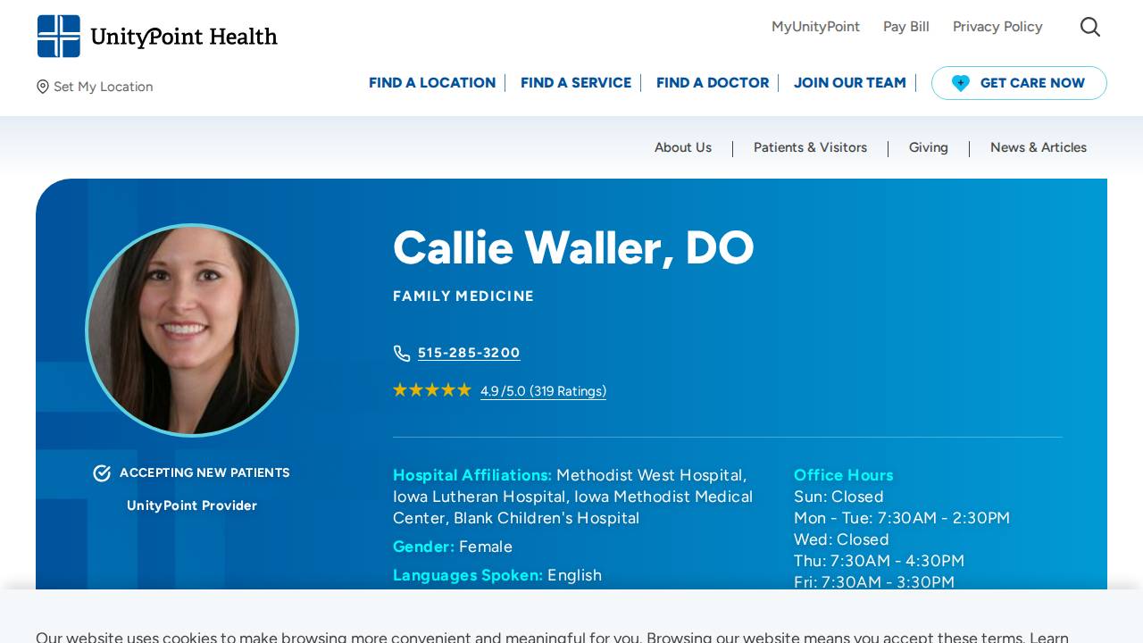 Callie Waller, D.O website screenshot