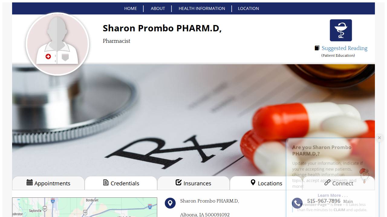 Sharon Prombo, Pharm.D, website screenshot