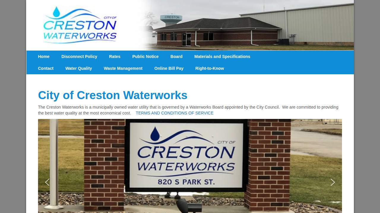 Creston City Water Works website screenshot
