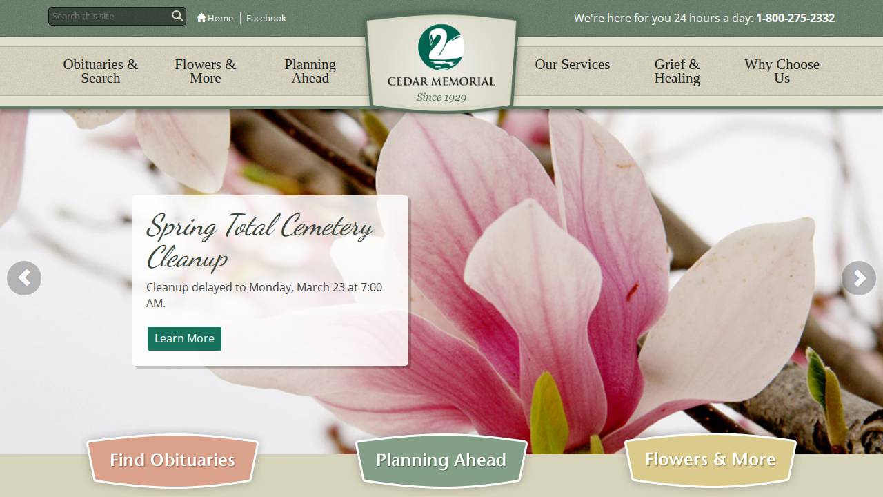 Cedar Memorial Funeral Home website screenshot