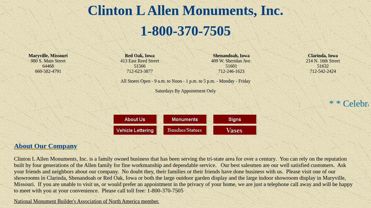 Clinton L Allen Monuments INC website screenshot