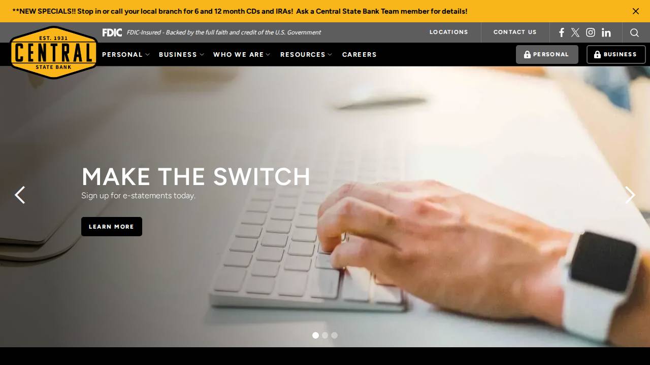 Central State Bank website screenshot