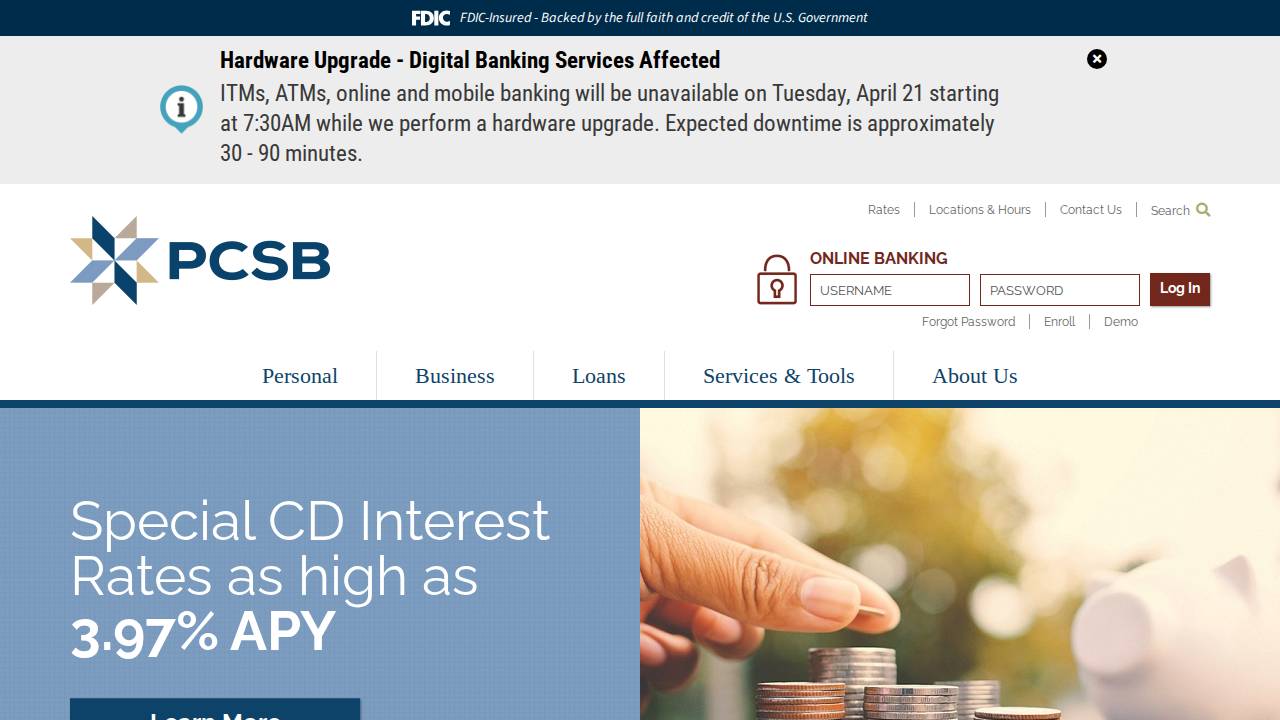 Pcsb Bank website screenshot