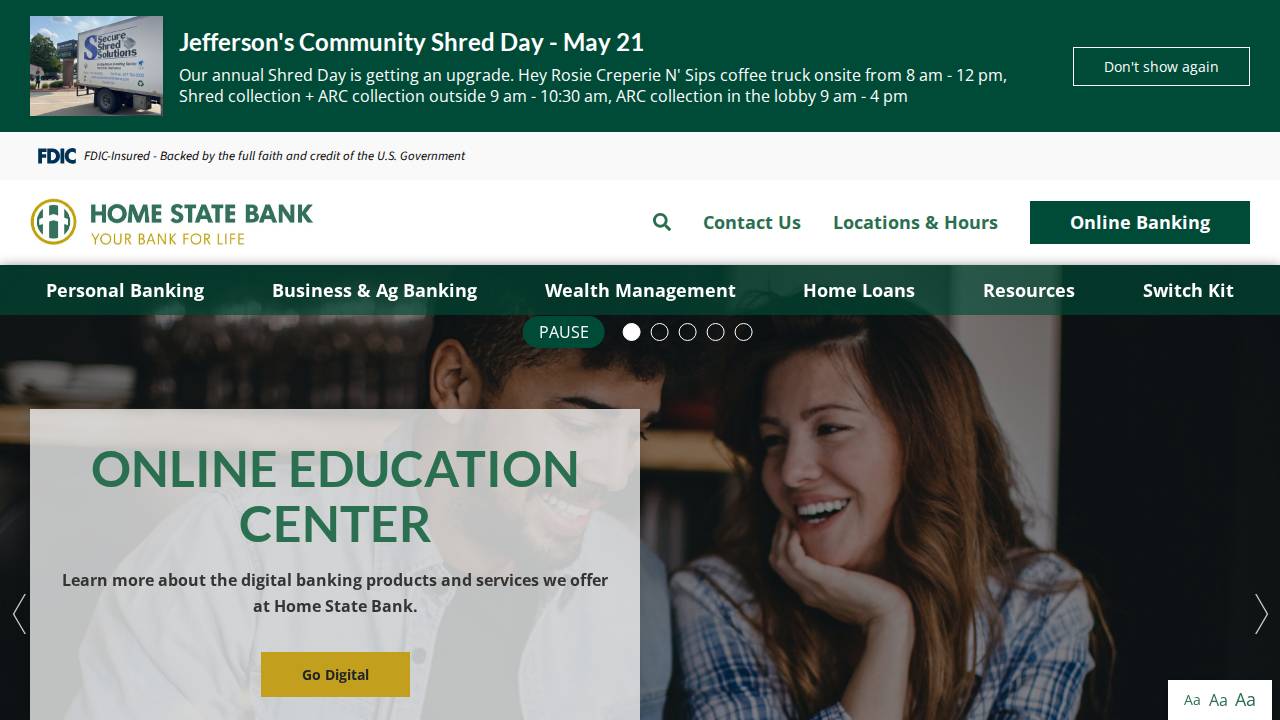 Home State Bank website screenshot