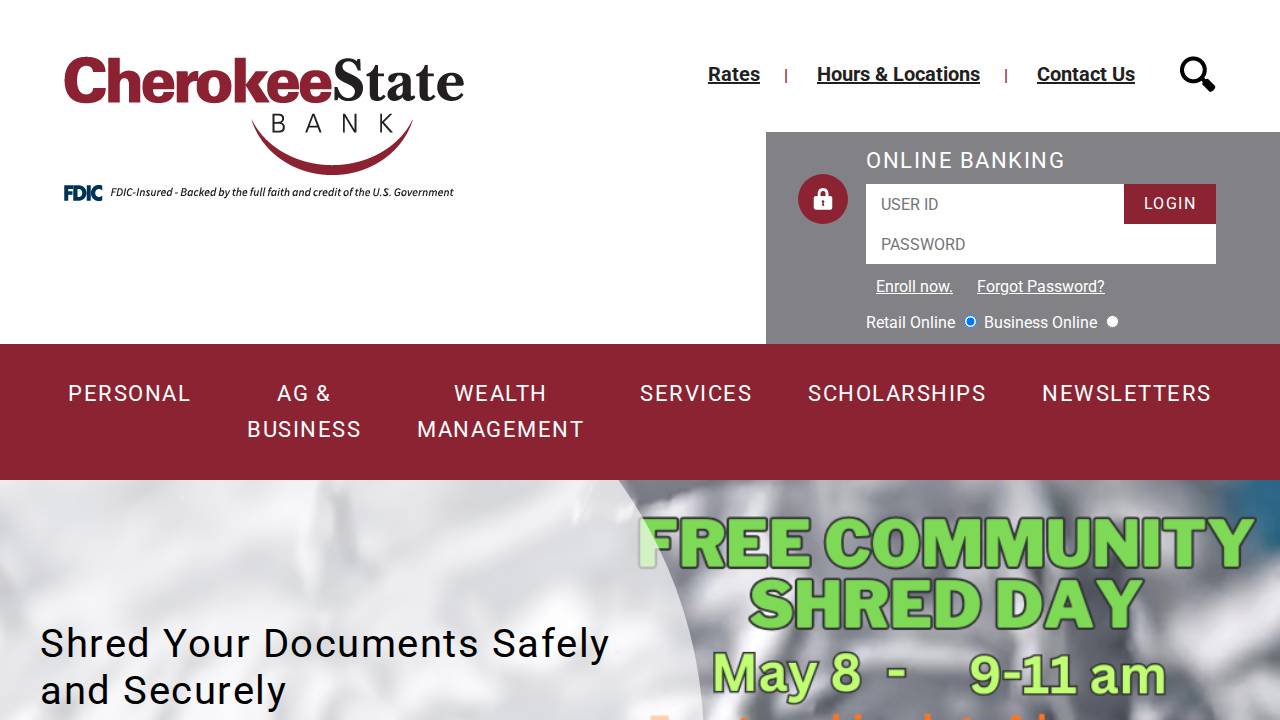 Cherokee State Bank website screenshot