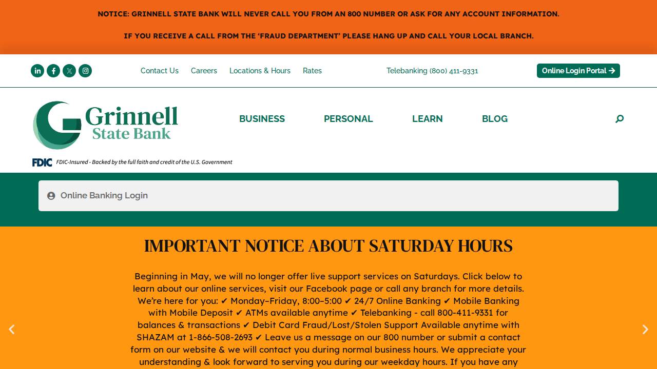 Grinnell State Bank website screenshot