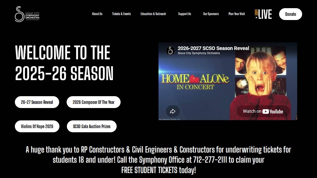 Sioux City Symphony, Orchestra Assn website screenshot