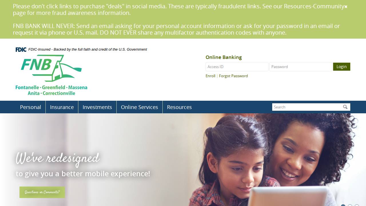 FNB Bank website screenshot