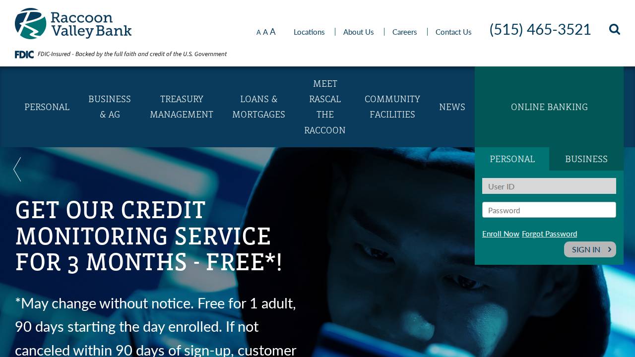 Raccoon Valley Bank website screenshot