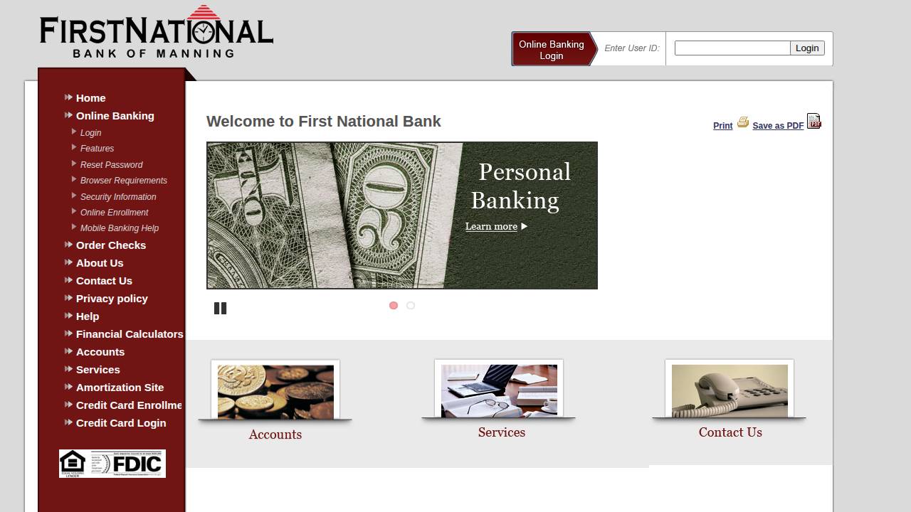 First National Bank OF Manning website screenshot