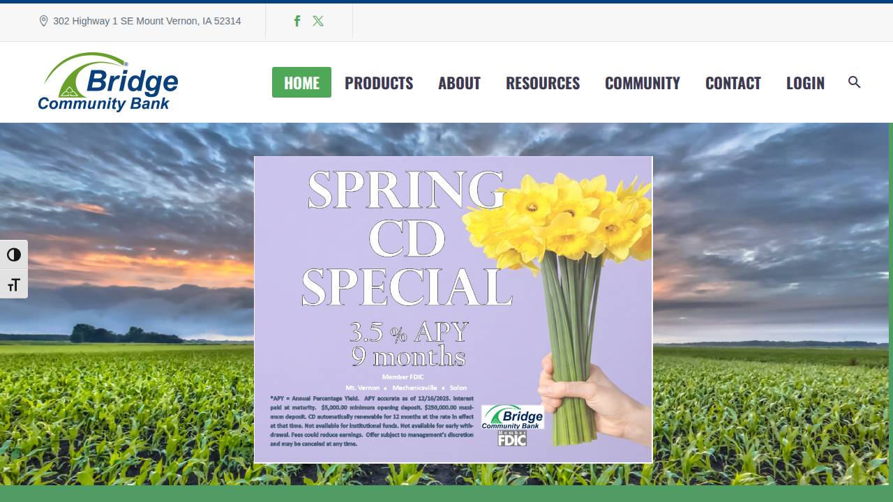 Bridge Community Bank website screenshot