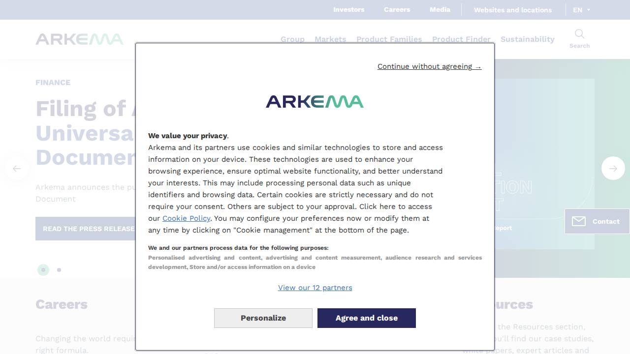 Arkema INC website screenshot