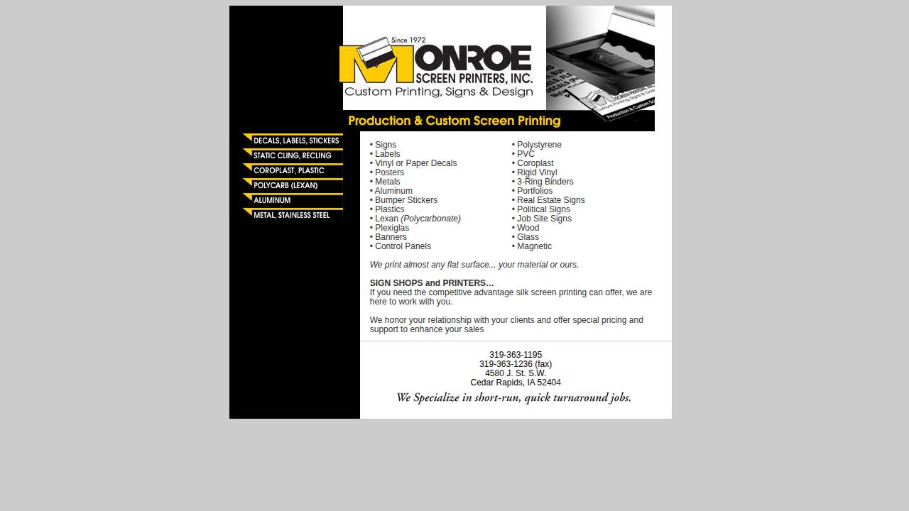 Monroe Screen Printers INC website screenshot