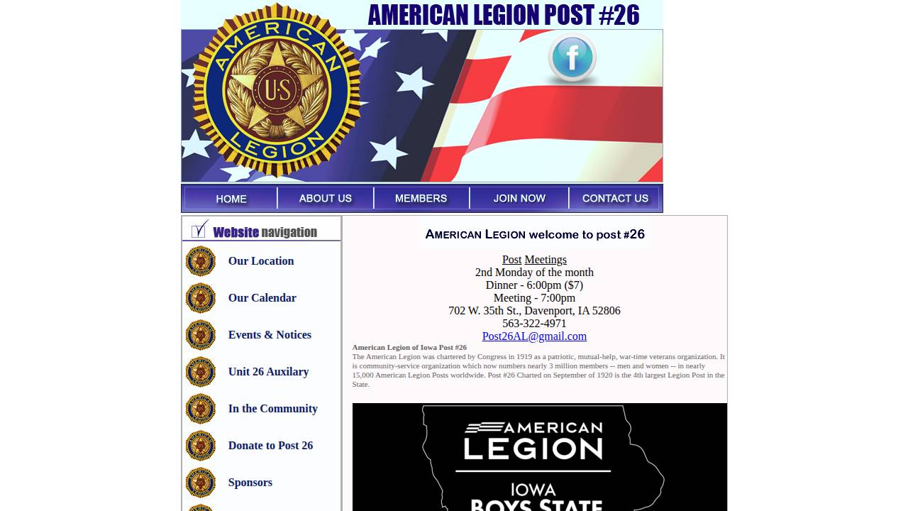 American Legion Inc, Davenport Post #26 website screenshot