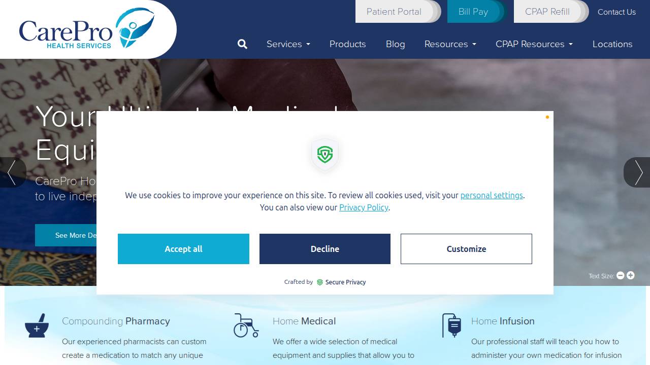 CR Pharmacy Service Inc, Carepro Home Medical website screenshot
