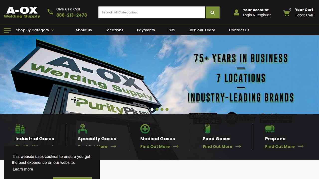 A-ox Welding Supply CO Inc, A-ox website screenshot
