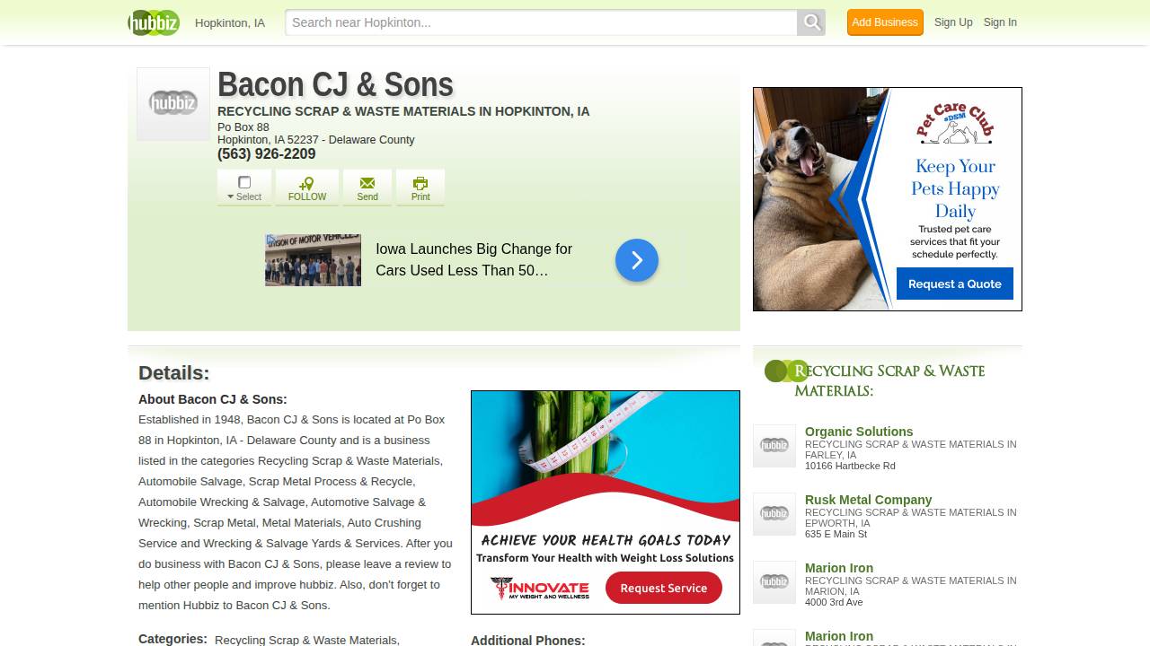 C J Bacon & Sons, Bacon & Sons website screenshot