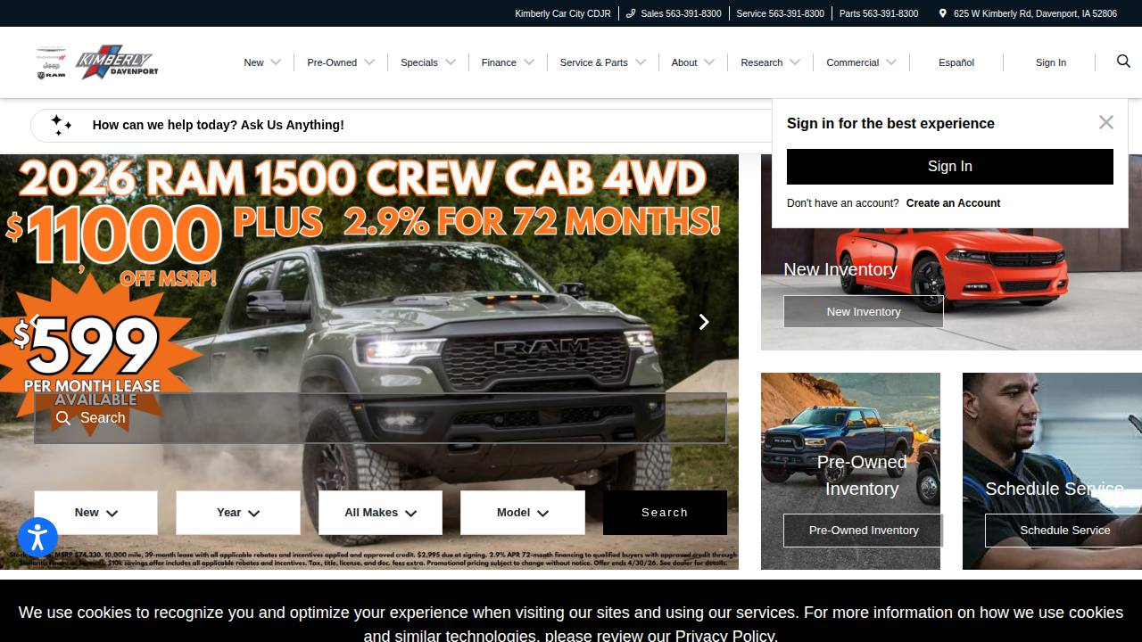 Kimberly Chrysler-plymouth INC website screenshot