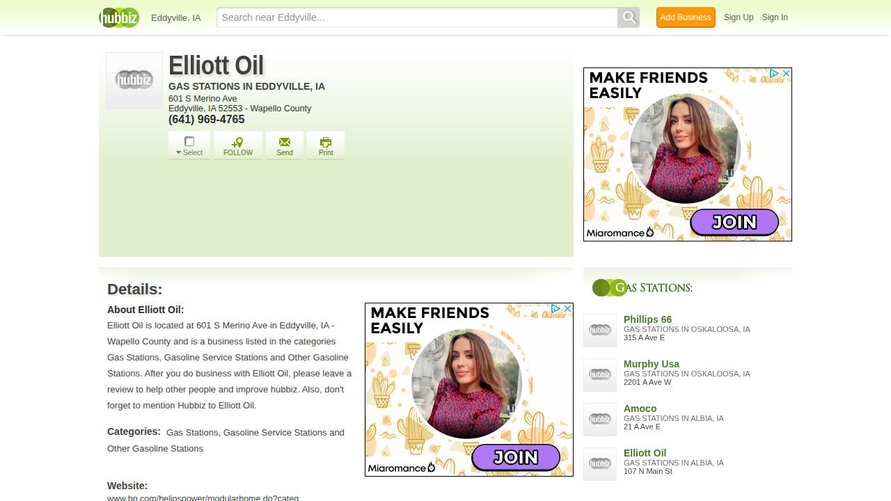 Elliott OIL CO, Elliott OIL Company, Eddyville Travel Plaza BP website screenshot
