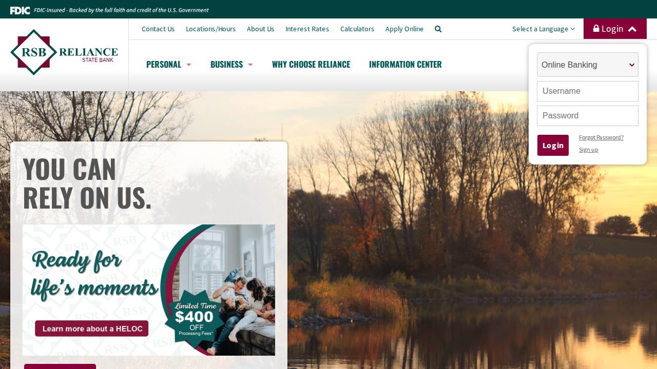 Reliance State Bank website screenshot
