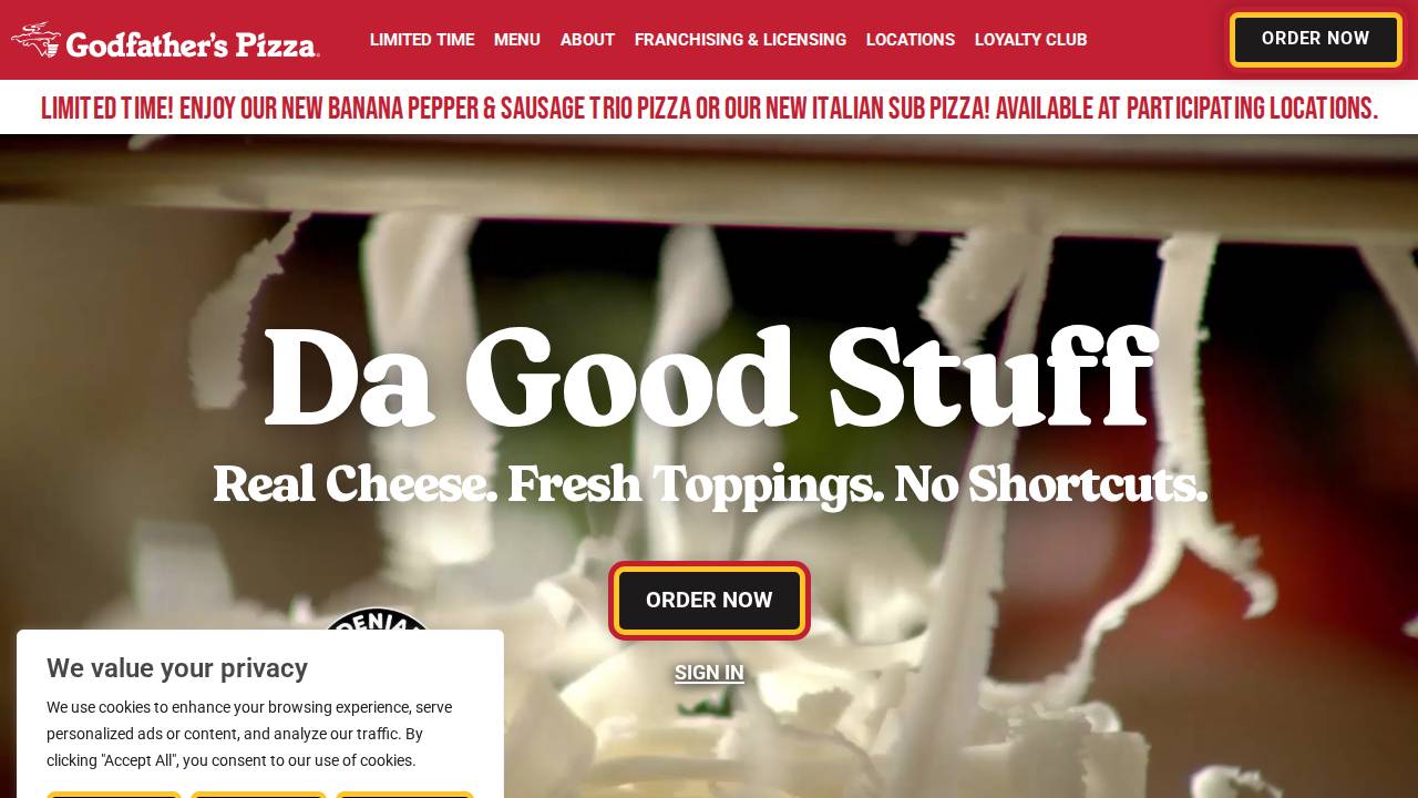 Fall Foods Inc, Godfathers Pizza website screenshot