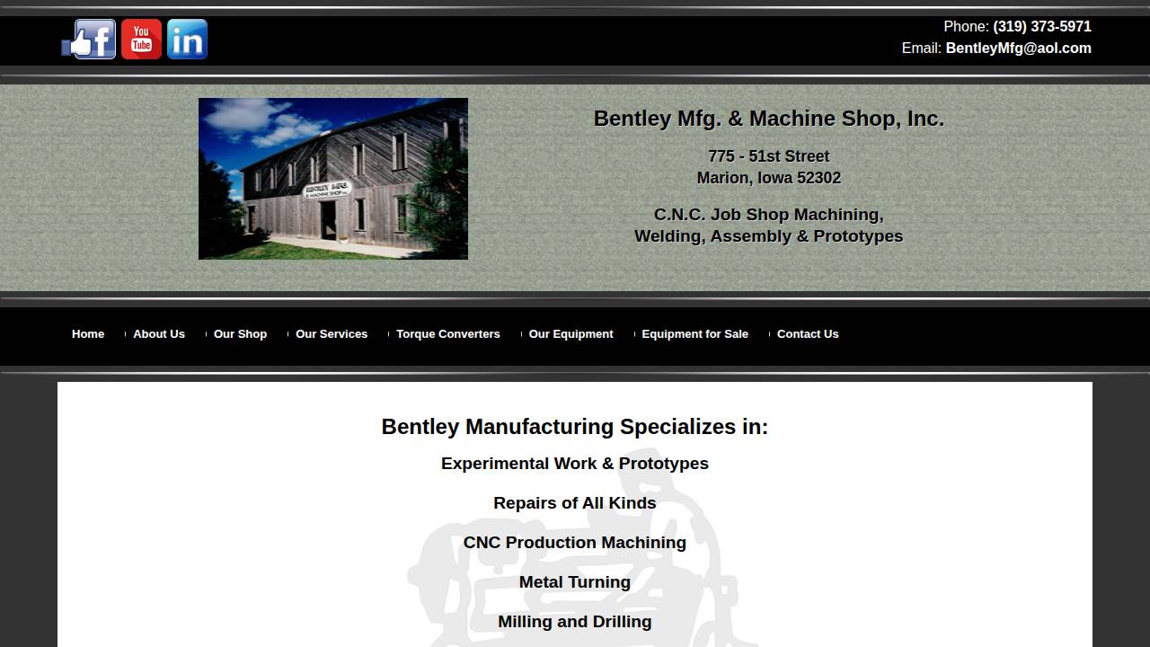 Bentley MFG & Machine Shop INC website screenshot