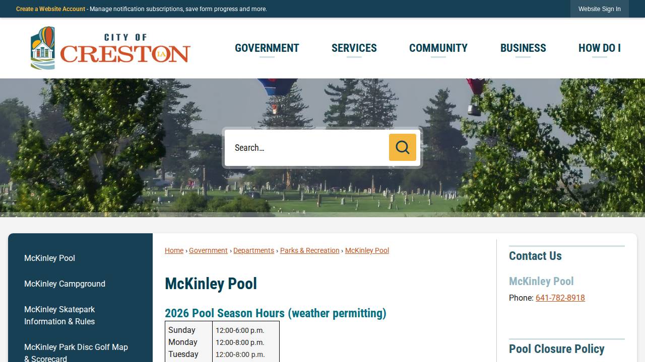 Creston Swimming Pool website screenshot