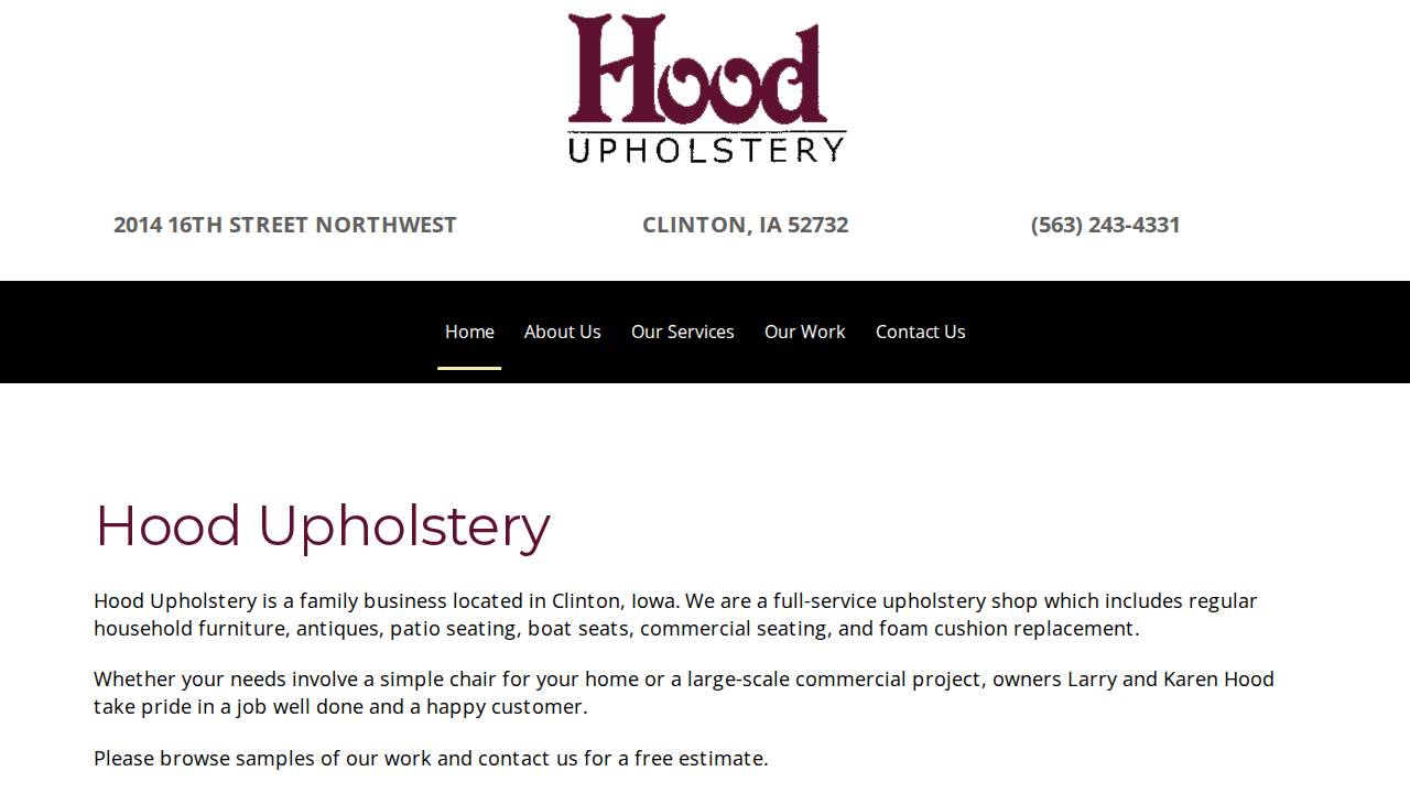 Hood, Karen A; Hood Upholstery website screenshot