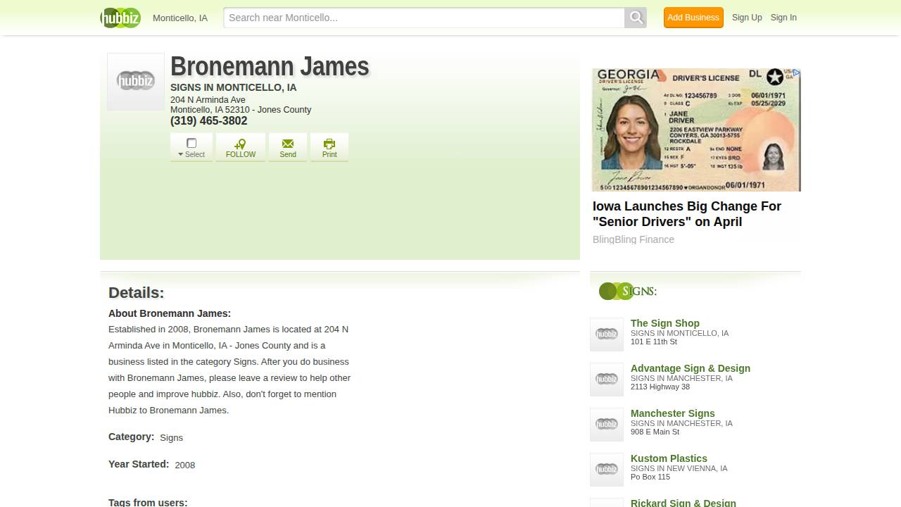 Bronemann, James R; Jims Signs website screenshot