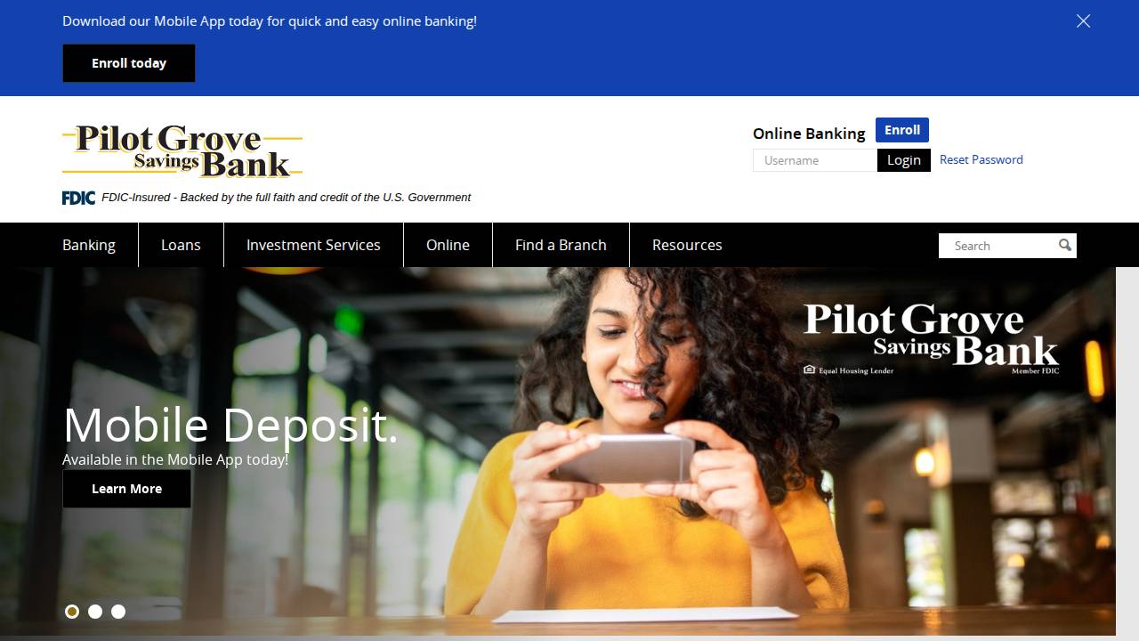 Pilot Grove Savings Bank website screenshot